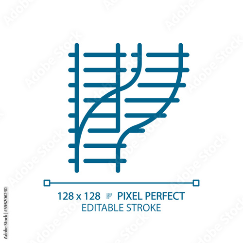 Railroad switch pixel perfect blue RGB color icon. Rail turnout. Railway junction. Train crossroad. Traffic control. Isolated vector illustration. Simple filled line drawing. Editable stroke