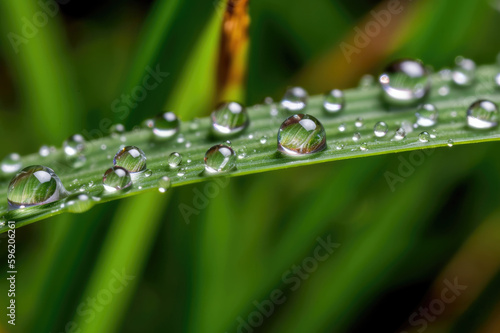 Huge reflective water droplets on a blade of grass