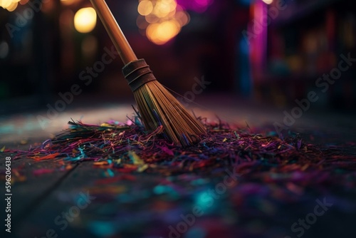 Closeup of broom sweeping garbage on colorful surface. Generative AI