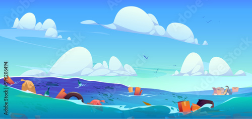 Trash floating on water surface in open sea. Vector cartoon illustration of plastic, glass bottles, rubber, paper, cardboard garbage in ocean. Environmental pollution problem. Ecology contamination