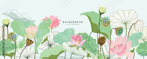 Asian background ,Oriental Chinese and Japanese style abstract pattern background design  with lotus flower decorate in water color texture