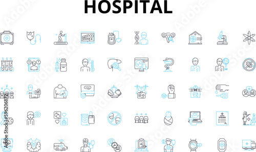 Hospital linear icons set. Medicine, Emergency, Staff, Patients, Surgery, Recovery, Admissions vector symbols and line concept signs. Units,Specialists,Health illustration