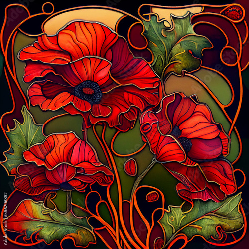 Poppy in Art Nouveau style. Imitation of an old stained glass window. Generative AI.
