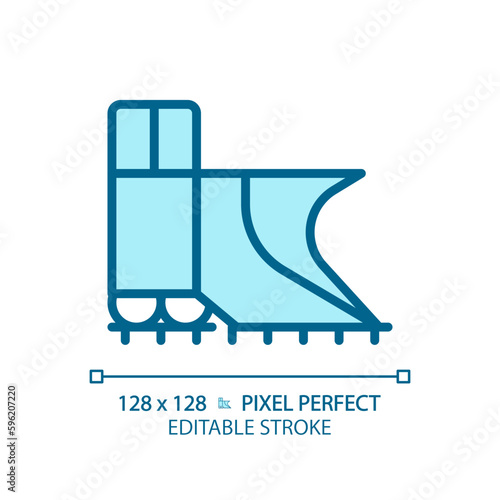 Snowplow train pixel perfect blue RGB color icon. Steam engine. Railroad snow removal equipment. Rail cleaning. Isolated vector illustration. Simple filled line drawing. Editable stroke
