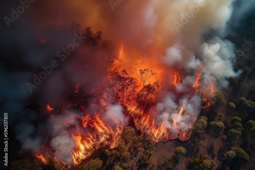 Aerial view of a massive forest fire. Drone top view of wildfire with smoke and burning trees from the height of a bird flight. Ecological catastrophe. 6K high resolution image. Generative AI