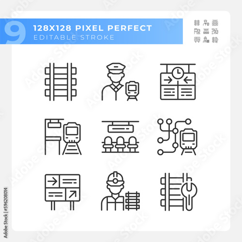 Railroad industry pixel perfect linear icons set. Railway station. Passenger rail. Rapid transit. Customizable thin line symbols. Isolated vector outline illustrations. Editable stroke