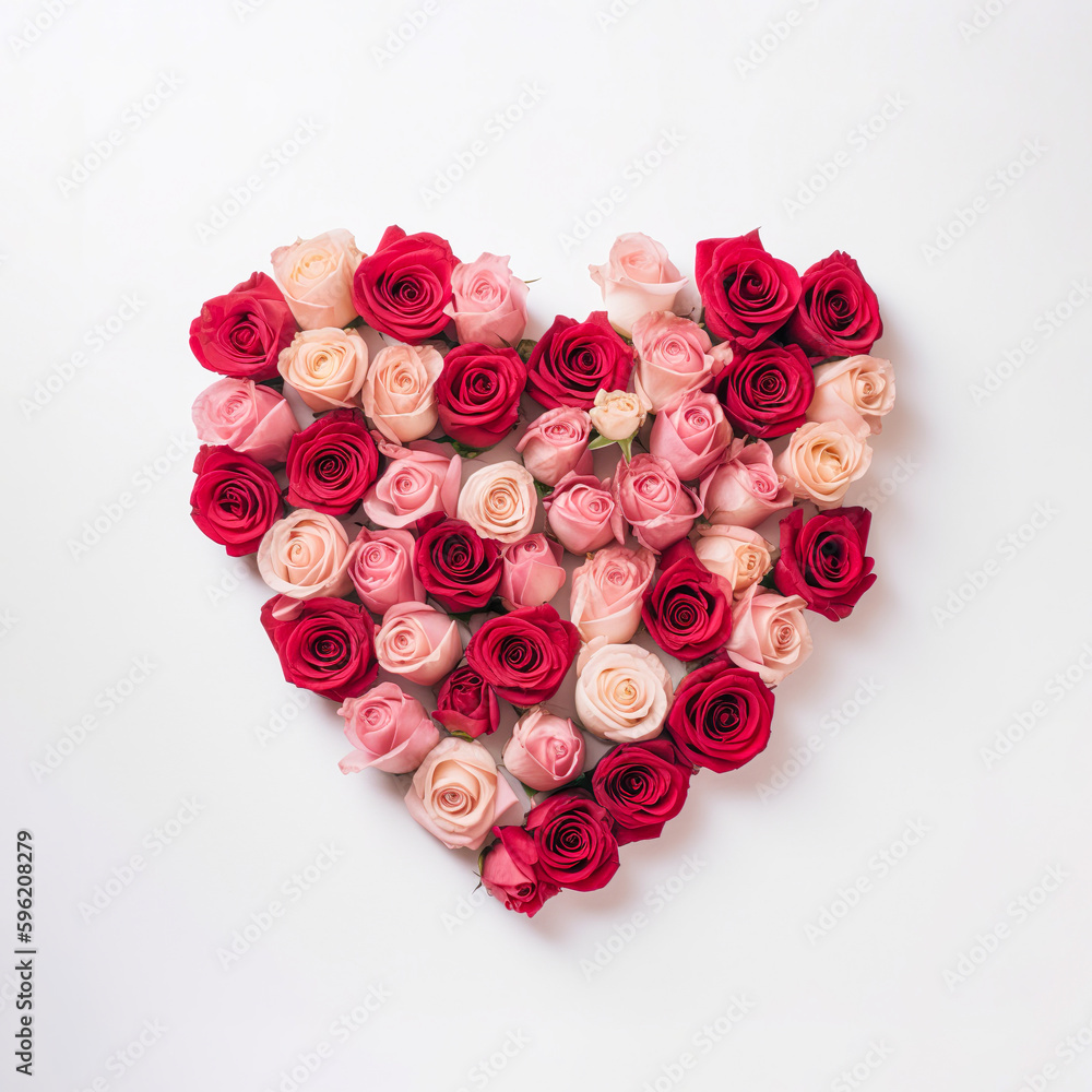 Creative love flat lay frame concept of fresh spring roses in heart shape. A love bouquet of flowers. Illustration. Generative AI. Creative love flat lay frame concept of fresh spring roses in heart shape. A love bouquet of flowers. Illustration. Generative AI.