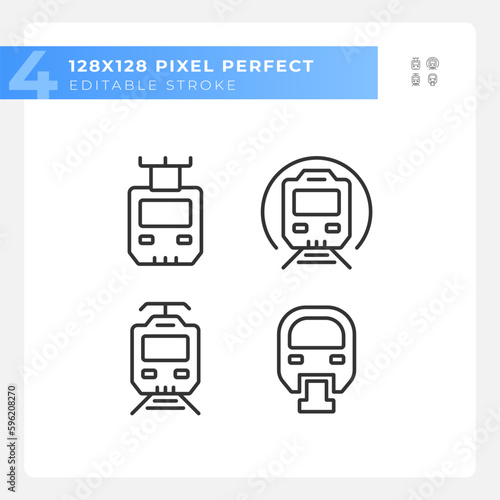 Passenger train pixel perfect linear icons set. Steam locomotive. Rail transportation. High speed. Customizable thin line symbols. Isolated vector outline illustrations. Editable stroke