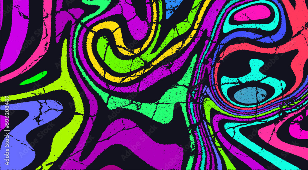 Trippy strip psychedelic pattern. Neon grunge wavy background