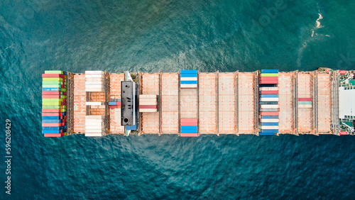 Aerial view on ultra large container vessel from top on scrubber funnel area, cargo space and containers stored on deck, stern of the ship photo