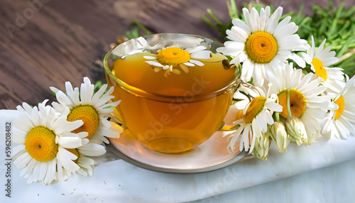 chamomile tea and chamomile, Rural still life cup of brewed chamomile tea on the background of a bouquet of daisies background wallpaper  © Yasir