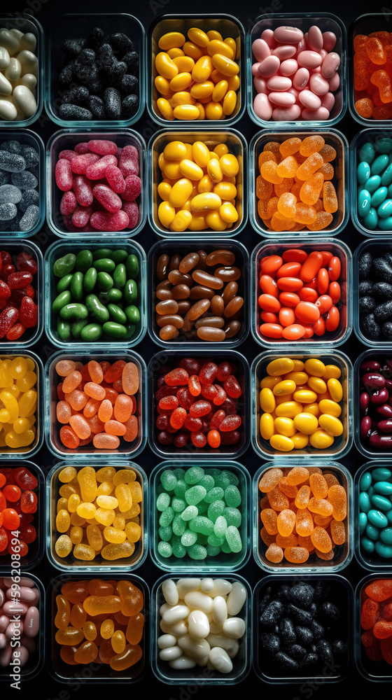 Vast array of different jelly bean flavors in open square containers