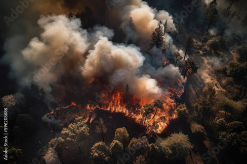 Aerial view of a massive forest fire. Drone top view of wildfire with smoke and burning trees from the height of a bird flight. Ecological catastrophe. 6K high resolution image. Generative AI