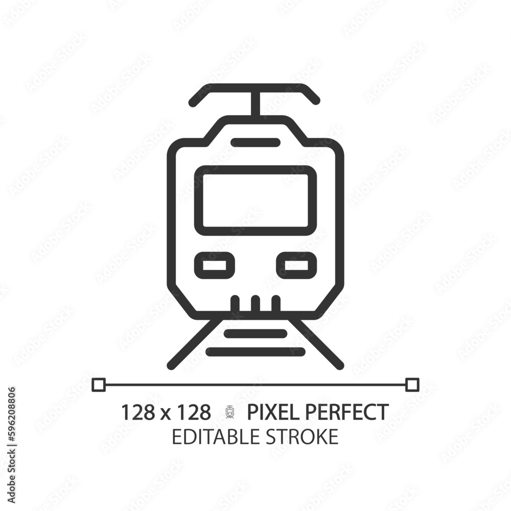 Electric train pixel perfect linear icon. Modern locomotive. High speed. Railway electrification. Overhead lines. Thin line illustration. Contour symbol. Vector outline drawing. Editable stroke Electric train pixel perfect linear icon. Modern locomotive. High speed. Railway electrification. Overhead lines. Thin line illustration. Contour symbol. Vector outline drawing. Editable stroke