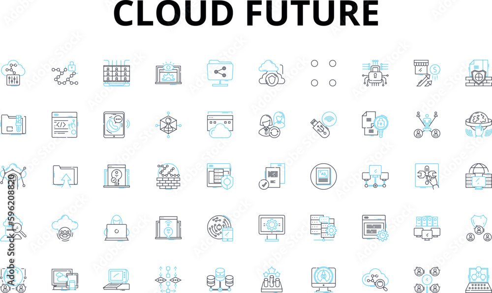Cloud future linear icons set. Advancement, Efficiency, Collaboration, Storage, Mobility, Security, Accessibility vector symbols and line concept signs. Innovation,Integration,Scalability illustration