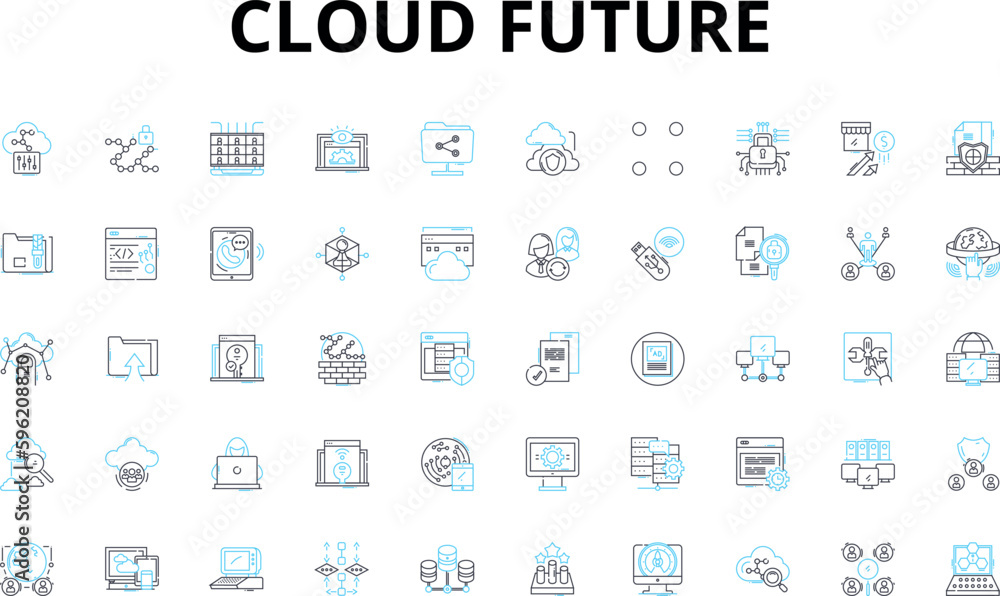 Cloud future linear icons set. Advancement, Efficiency, Collaboration, Storage, Mobility, Security, Accessibility vector symbols and line concept signs. Innovation,Integration,Scalability illustration Cloud future linear icons set. Advancement, Efficiency, Collaboration, Storage, Mobility, Security, Accessibility vector symbols and line concept signs. Innovation,Integration,Scalability illustration