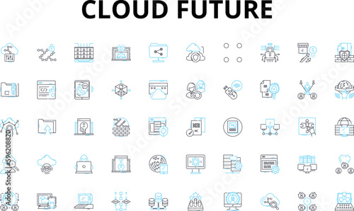 Cloud future linear icons set. Advancement, Efficiency, Collaboration, Storage, Mobility, Security, Accessibility vector symbols and line concept signs. Innovation,Integration,Scalability illustration