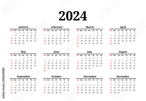 Calendar for 2024 isolated on a white background