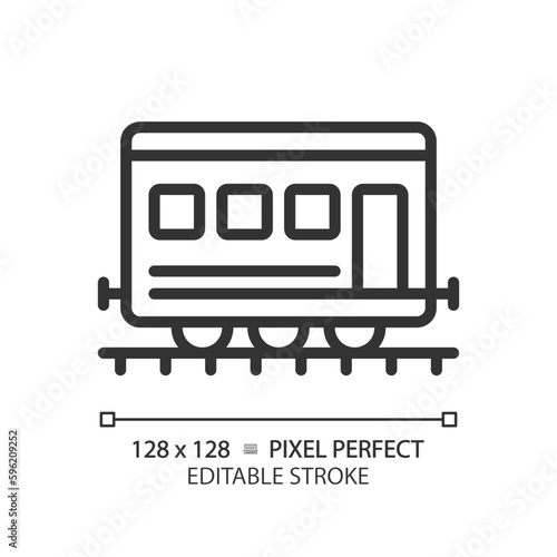 Passenger railroad carriage pixel perfect linear icon. Railway car. Train wagon. Rapid transit. Compartment coach. Thin line illustration. Contour symbol. Vector outline drawing. Editable stroke