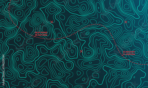 Ocean topographic line map with curvy wave isolines vector illustration. Sea depth topographic landscape surface for nautical radar readings. Cartography texture abstract banner of relief ocean floor.
