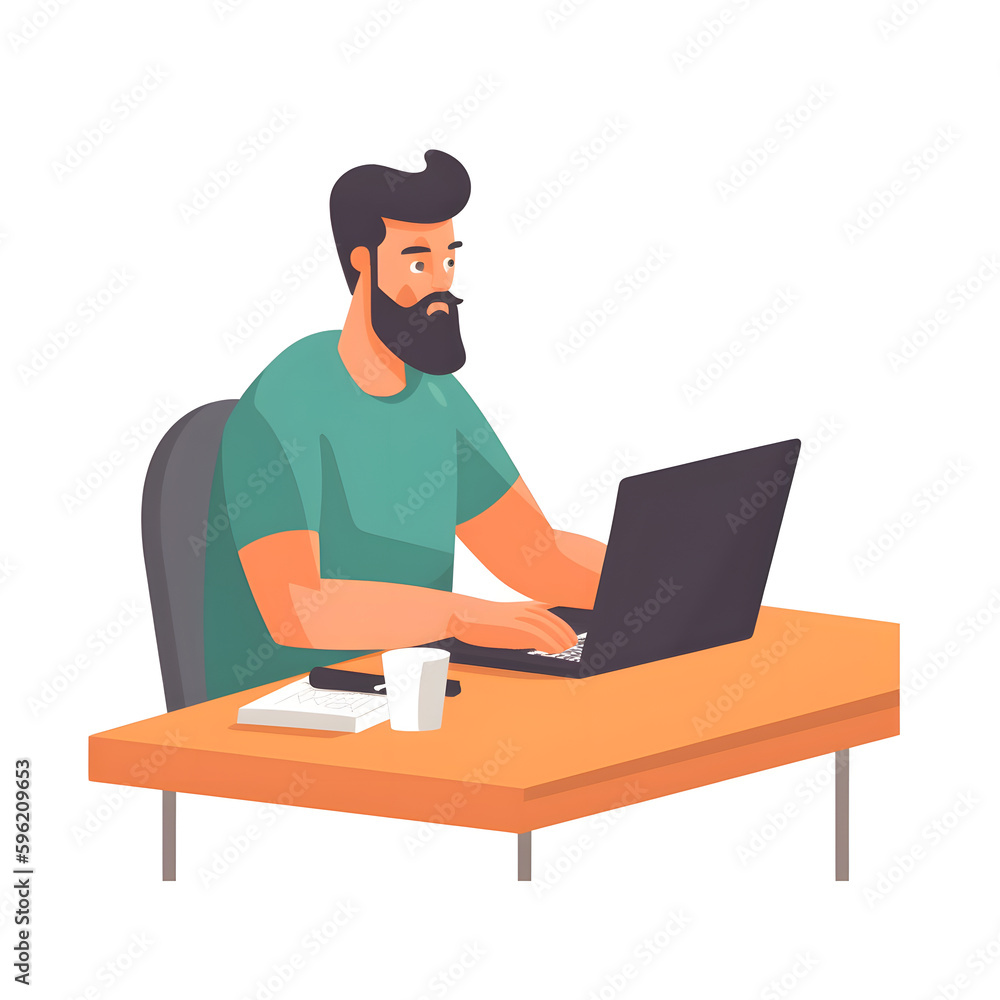 man working on laptop while sitting at table. Generative AI. man working on laptop while sitting at table. Generative AI.