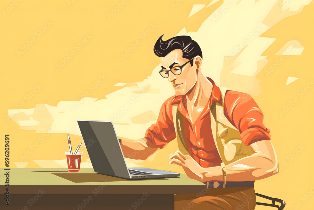 man working on laptop while sitting at table. Generative AI. man working on laptop while sitting at table. Generative AI.