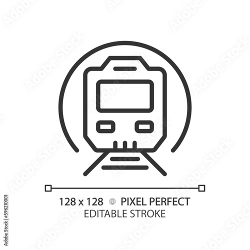 Metro train pixel perfect linear icon. Subway station. Underground transit. Tunnel railway. Suburban rail system. Thin line illustration. Contour symbol. Vector outline drawing. Editable stroke