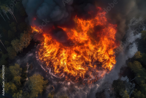 Aerial view of a massive forest fire. Drone top view of wildfire with smoke and burning trees from the height of a bird flight. Ecological catastrophe. 6K high resolution image. Generative AI