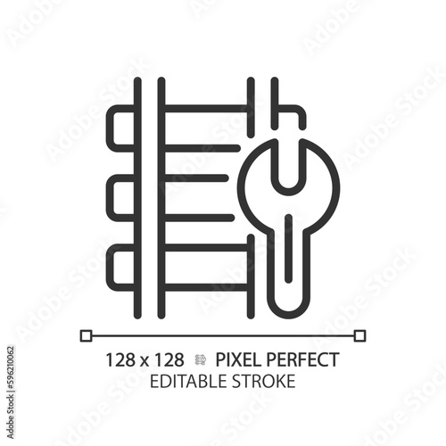 Railway maintenance pixel perfect linear icon. Train track repair. Railroad construction. Rail engineering. Thin line illustration. Contour symbol. Vector outline drawing. Editable stroke