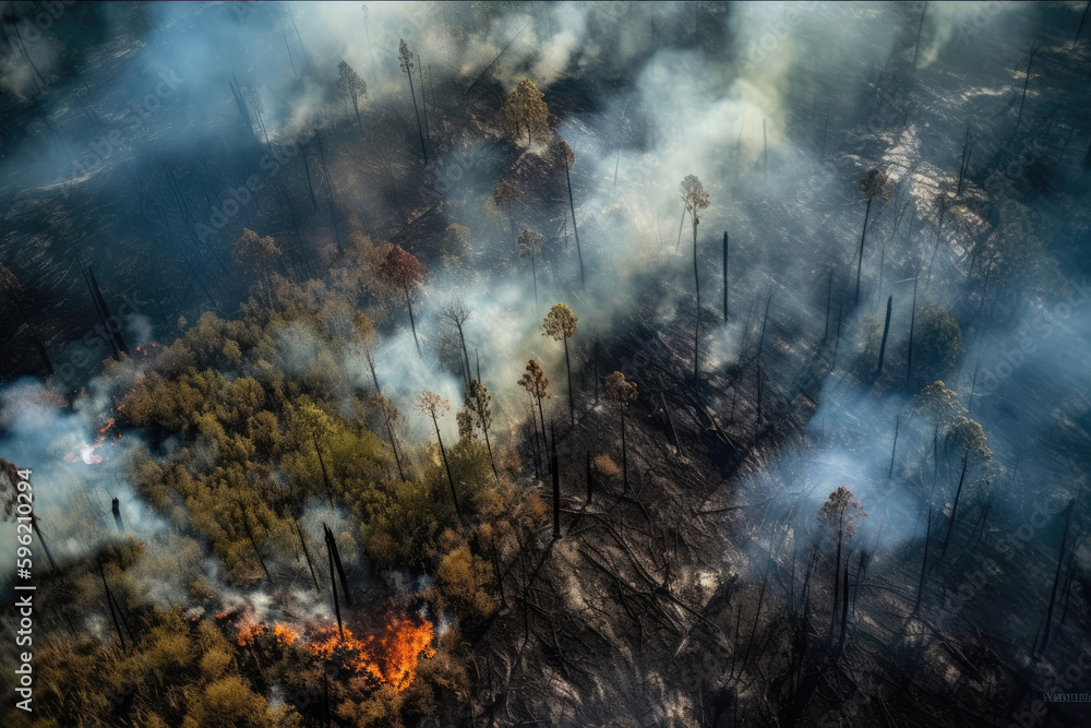 Aerial view of a massive forest fire. Drone top view of wildfire with smoke and burning trees from the height of a bird flight. Ecological catastrophe. 6K high resolution image. Generative AI