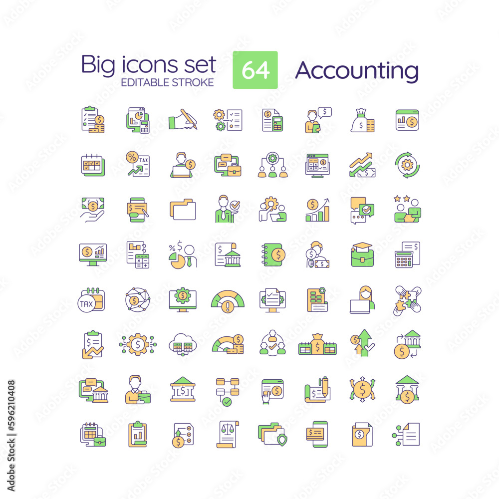 Accounting RGB color icons set. Financial transactions. Recording business activities. Finance management. Isolated vector illustrations. Simple filled line drawings collection. Editable stroke