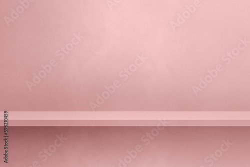 Empty shelf on a light pink concrete wall. Background template. Horizontal mockup