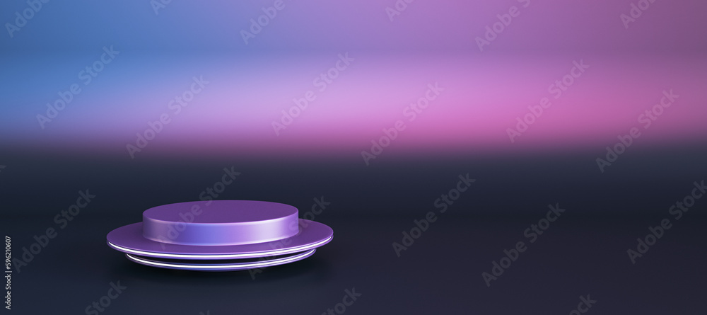 Abstract empty pedestal for product placement and advertisement on wide gradient purple background with mock up place. 3D Rendering. Abstract empty pedestal for product placement and advertisement on wide gradient purple background with mock up place. 3D Rendering.