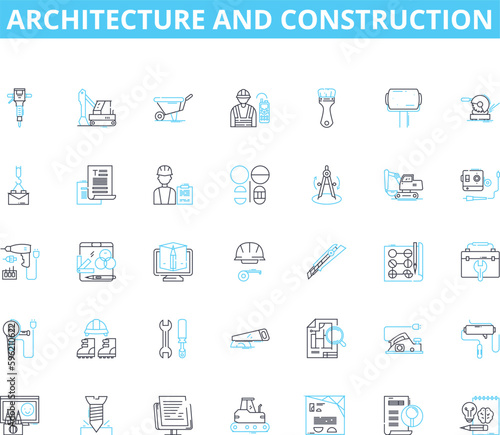 Architecture and construction linear icons set. Blueprint, Foundation, Modern, Traditional, Structure, Design, Innovation line vector and concept signs. Engineering,Urban,Rural outline illustrations