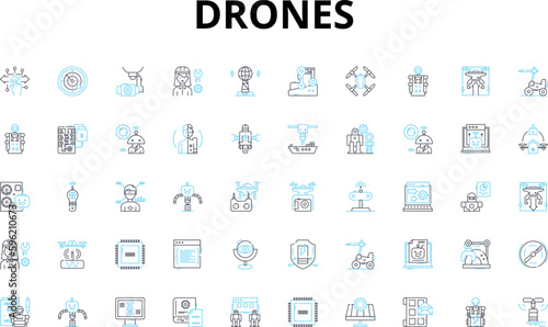 Drones linear icons set. Flying, Quadcopters, Remote-controlled, Unmanned, Hovering, Aerial, Surveillance vector symbols and line concept signs. Photography,Precision,Autonomous illustration