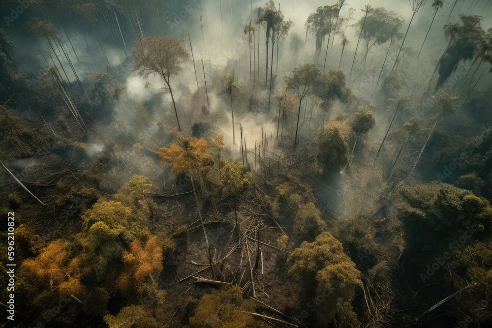Aerial view of a massive forest fire. Drone top view of wildfire with smoke and burning trees from the height of a bird flight. Ecological catastrophe. 6K high resolution image. Generative AI - obrazy, fototapety, plakaty 