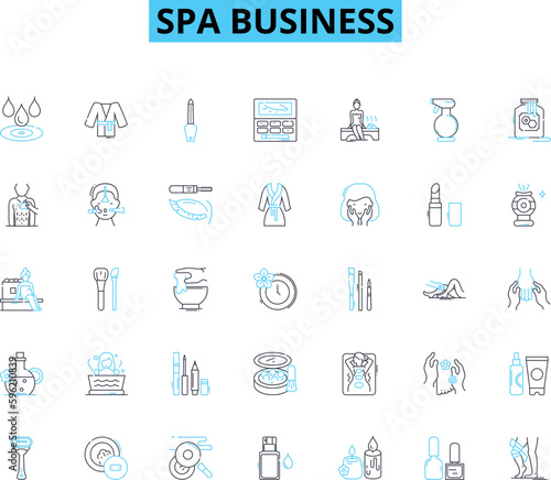 Spa business linear icons set. Relaxation, Pampering, Therapy, Serenity, Massage, Wellness, Aromatherapy line vector and concept signs. Renewal,Tranquility,Beauty outline illustrations