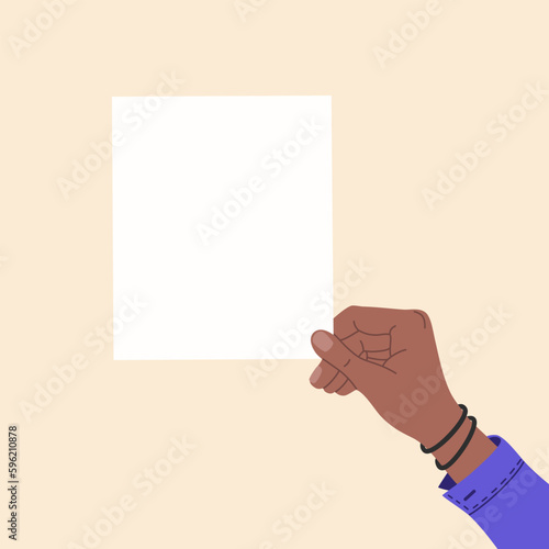 Hand holding a blank sheet of paper. Hand drawn vector illustration isolated on light background, flat cartoon style.
