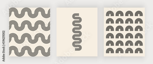 Retro wall art prints with black wavy lines in the beige background

