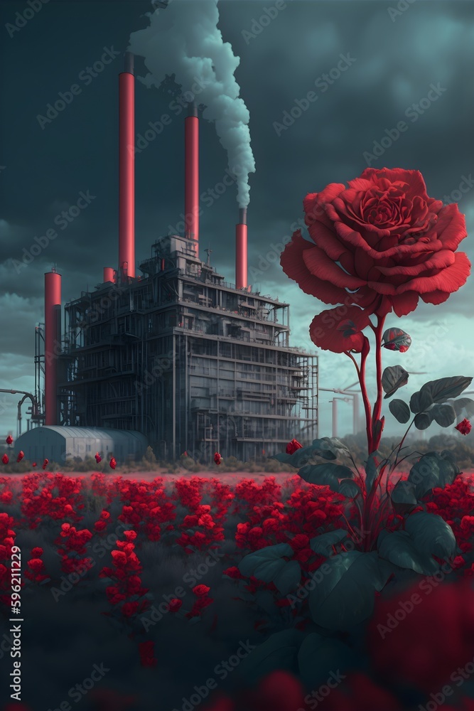 Gardenfactory Tall factory Many red rose A few roses clouds ultra wide ...
