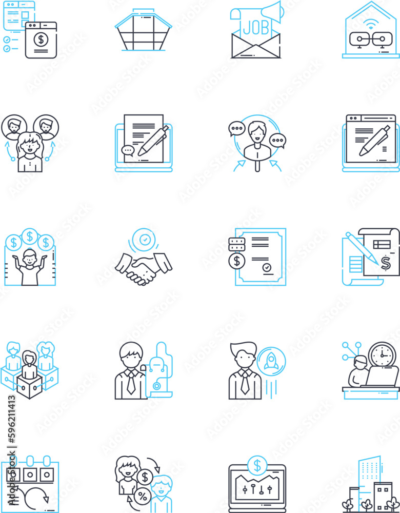Laborer linear icons set. Hardworking, Strong, Diligent, Tough, Skilled, Experienced, Reliable line vector and concept signs. Efficient,Persistent,Dedicated outline illustrations