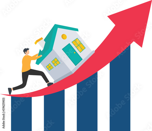 Housing price falling down, real estate and property crash, value drop or decline, home loan or mortgage risk, falling down housing graph, property broker, property market crash
