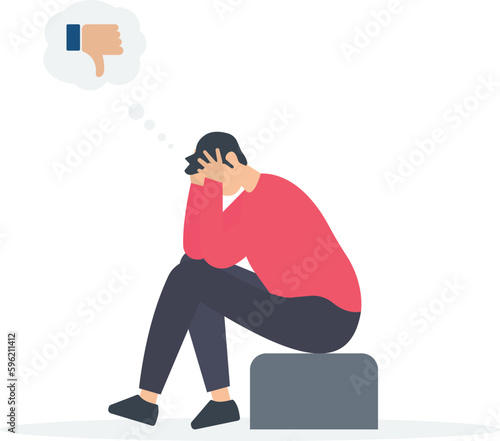 Stressed Businessman, Demotivation from failure, mistake or negative feedback, no passion or burnout from exhausted work, mental breakdown or depression concept, sad stressed man, negative thumb 
