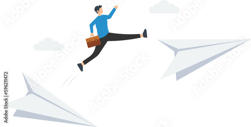 Escape from risk or danger, run away or flee from a failing or bankruptcy company, change job or move to new better workplace, man jump to escape from paper plane 