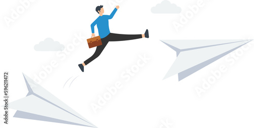 Escape from risk or danger, run away or flee from a failing or bankruptcy company, change job or move to new better workplace, man jump to escape from paper plane
