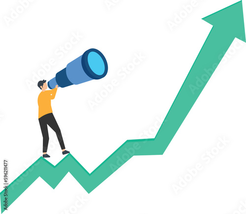 Investment upside potential, economy prediction or forecast, vision or analysis of the future, business growth or earnings increase, man stand on investment growth graphs. 