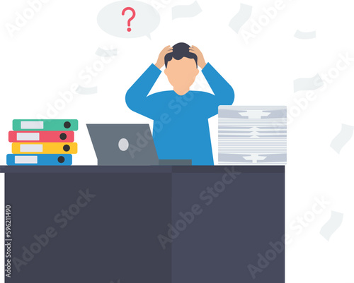 Overload Work, Asking for help to finish overload work, support or help needed, solution to solve busy work problem, overworked or trouble concept, depressed businessman, busy working desk.
