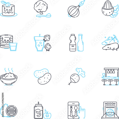Brasserie food linear icons set. Bistro, French, Beer, Wine, Steak, Seafood, Mussels line vector and concept signs. Frites,Croque-monsieur,Escargot outline illustrations