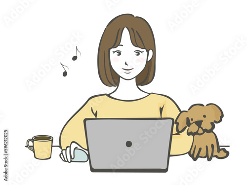 楽しそうにデスクワークする女性とパソコンの画面を覗く犬のイラスト