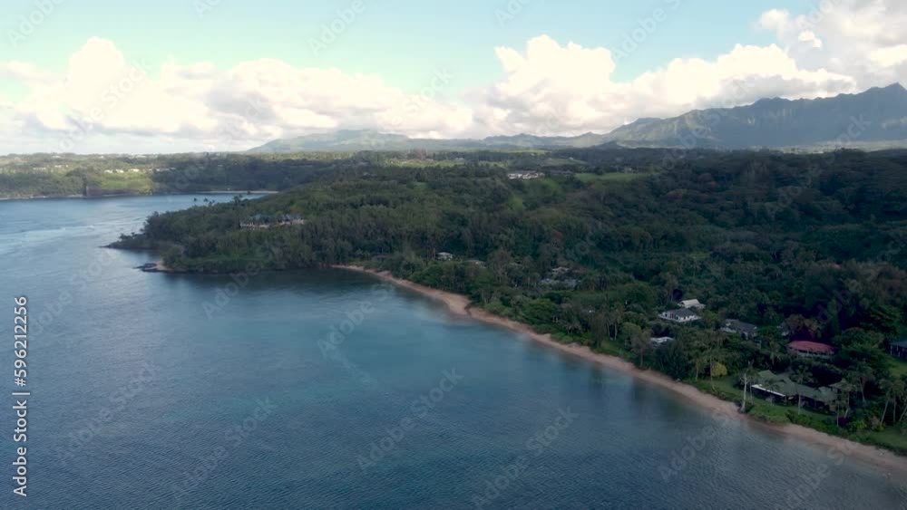 Breathtaking aerial view over Anini Beach, Kauai, Hawaii. Green mountains, sandy beach, blue calm ocean, reef break, good snorkeling spot. sunny day with some clouds. lncredible nature landscape. Breathtaking aerial view over Anini Beach, Kauai, Hawaii. Green mountains, sandy beach, blue calm ocean, reef break, good snorkeling spot. sunny day with some clouds. lncredible nature landscape.